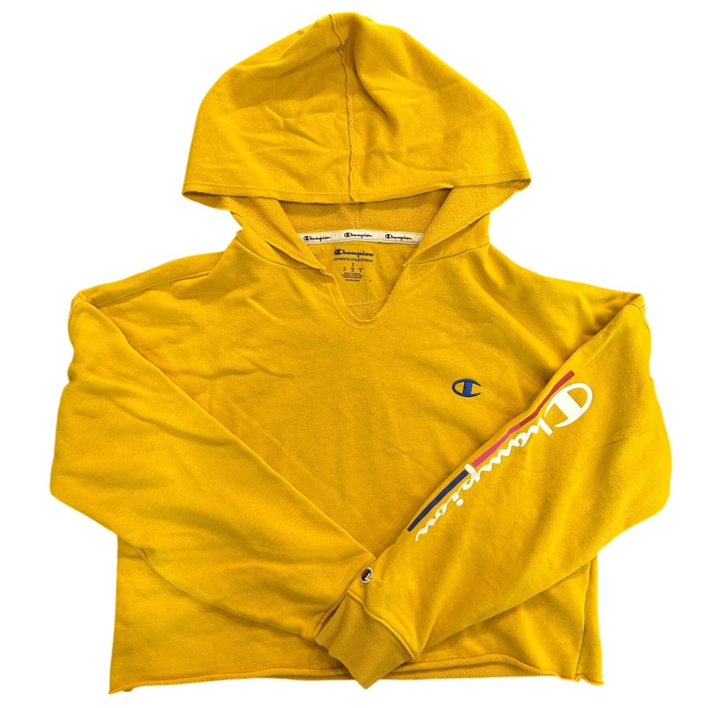 Champion Womens Mustard Yellow Cropped Hoodie Sweatshirt Script Logo Size S